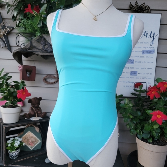 LA BLANCA ♡ Gorgeous Vintage 1pc Aqua Blue 'n White Trim Bralette Swimsuit 8 - Picture 11 of 15